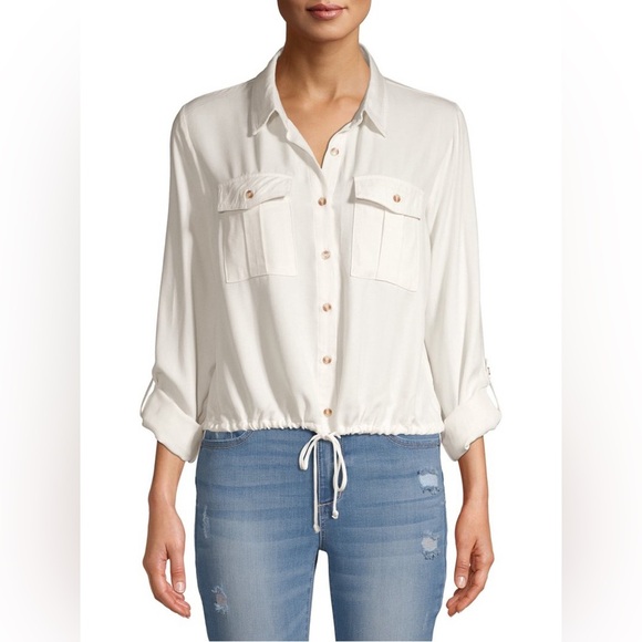 Button Down Tie Front Utility Safari Shirt Ivory sz Medium - Picture 1 of 9